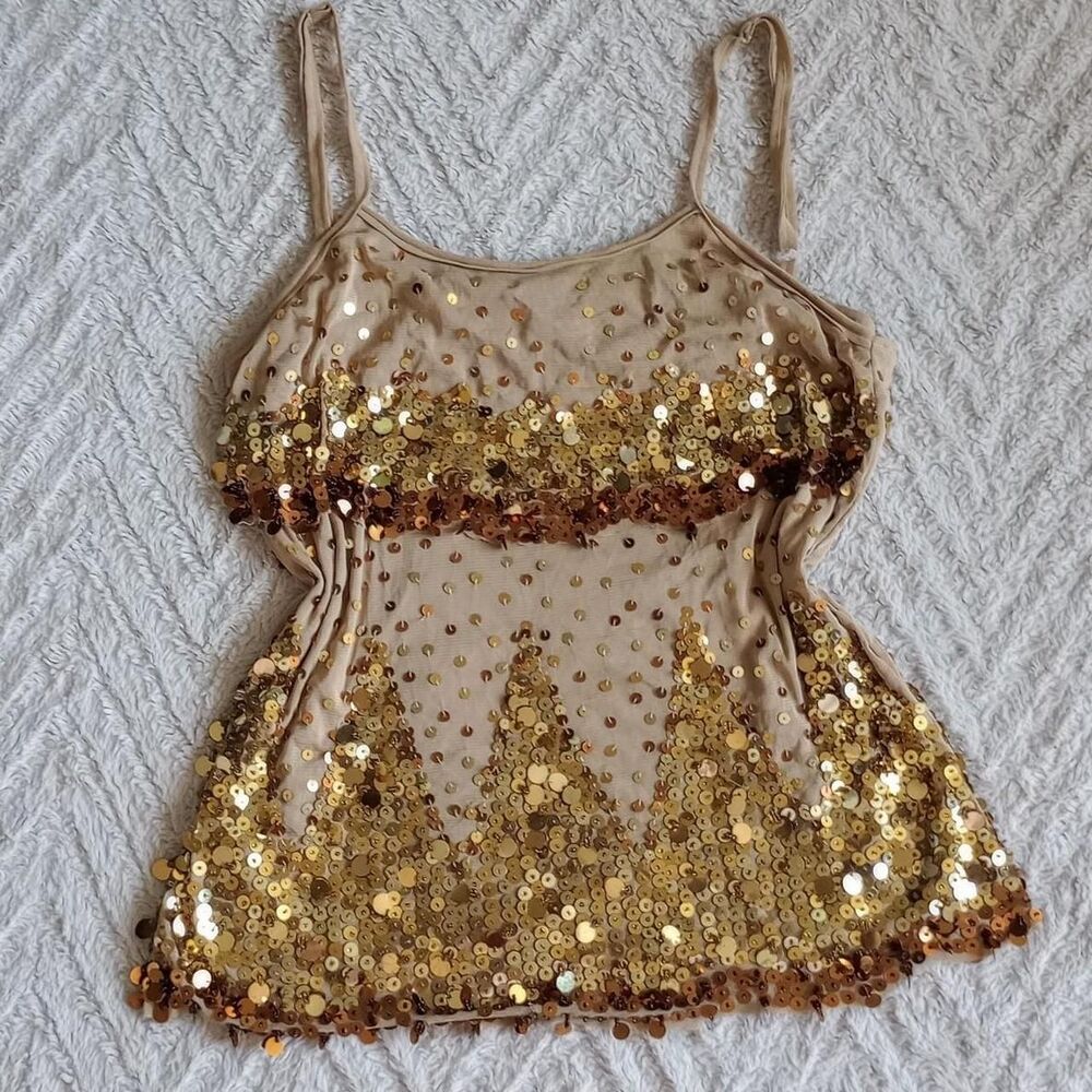 Y2K Gold Beaded Sequined Micromesh Fairy Cami
